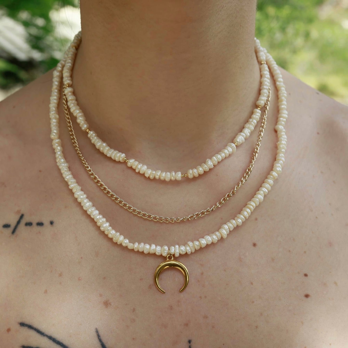 The Triple Crescent - Gold plated pearls necklace